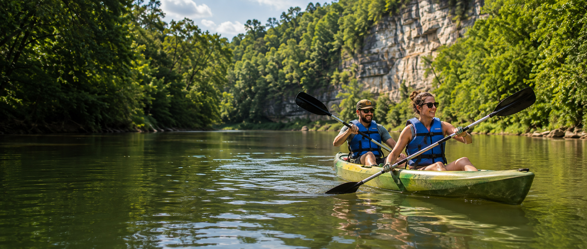 Two paddlers enjoying a tandem kayak trip on a forested river